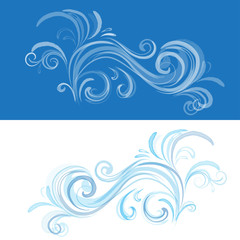 Blue and white swirls, water splash, watercolor imitation, vector elements for design.