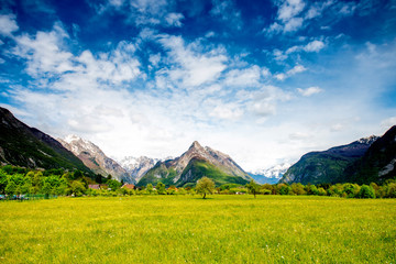Beautiful landscape view with snowed up mountains in Triglav national park in Slovenia. Traveling slovenian Alps