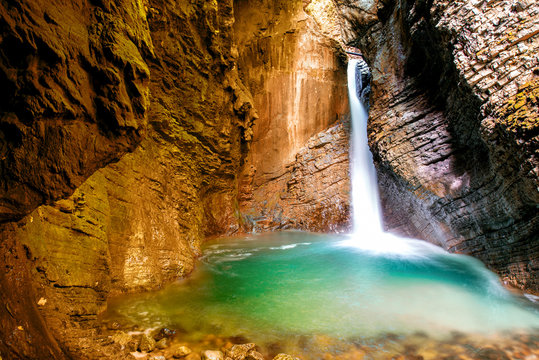 Kozjak waterfall in Triglav natioanl park in Slovenia. Long exposure technic with motion blurred water