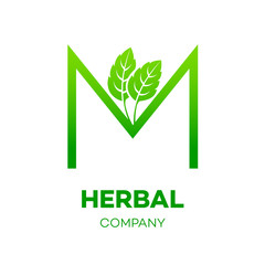 Letter M logo,Green leaf,Herbal,Pharmacy,ecology vector illustration