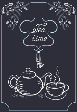 Design elements signboard for cafe with ornament, tea cup, kettl
