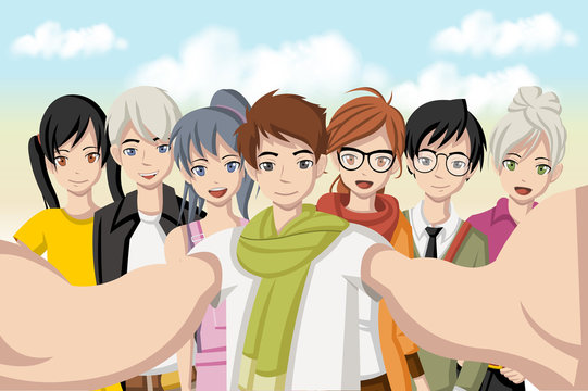 Group Of Cartoon Young People Taking Telfie Photo. Picture Of Manga Anime Teenagers.
