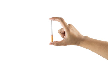 Hand's holding cigarette on white background