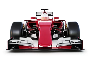 Fotobehang Formule 1 Raceauto en bestuurder vooraanzicht op een witte geïsoleerde achtergrond. 3D-rendering