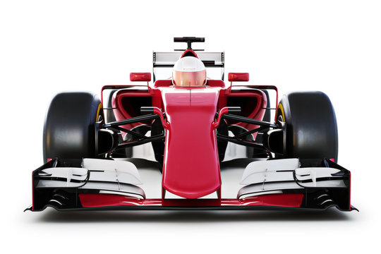 Race car and driver front view on a white isolated background. 3d rendering