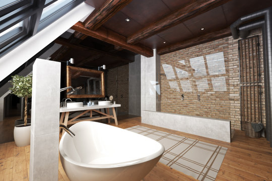 Interior of a modern open bathroom with unique bathtub, walk through brick and glass shower with rustic accents and wood flooring . 3d rendering