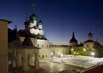 The Kremlin of Rostov the Great at night, the tower, the Church of Hodigitria and Red chamber,...