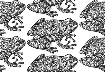 Seamless pattern with black and white ornate doodle frog