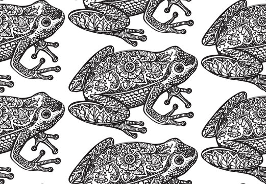 Seamless pattern with black and white ornate doodle frog
