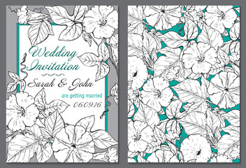 Wedding invitation green and white hand drawn bindweed flowers.