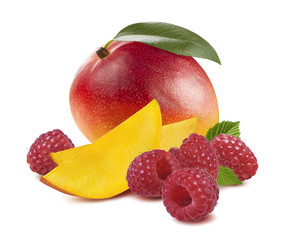 Whole mango fruit raspberry isolated on white background as package design element