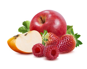 Red apple strawberry raspberry isolated on white background as package design element