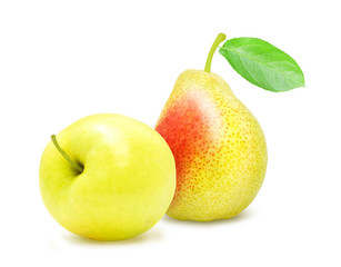 Fresh ripe apple and pear with green leaf isolated on a white background. Design element for product label, catalog print, web use.