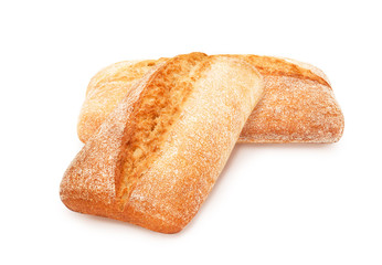 Two freshly baked loaf of traditional italian bread ciabatta isolated on white background. Design element for bakery product label, catalog print, web use.
