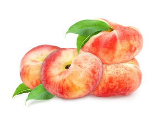 Four fresh ripe peaches in heap with green leaf isolated on white background.  Design element for product label, catalog print, web use.