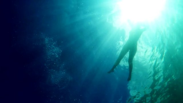 Underwater shoot  of woman swimming on surface of the caribbean islands of San Blas, Panama