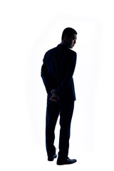 Pensive sad businessman, silhouett on white background