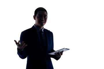 Cheerful entrepreneur with digital tablet in his hands