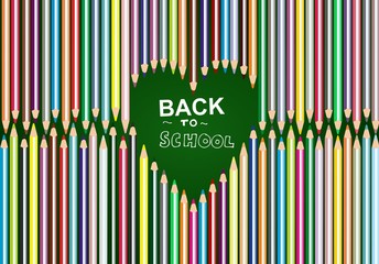 Back to SCHOOL blackboard Colored Pencils Frame Template  heart - obrazy, fototapety, plakaty