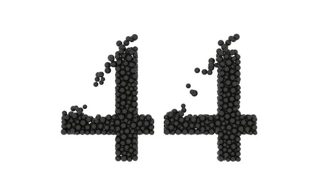 Double digit number 44 formed of small black balls densely packed with missing spheres at the tops of the numbers, on white