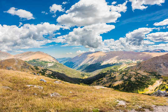 Overlook of Rocky Mountains with plains and pine forest in Colorado