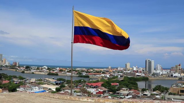 Colombian Flag over city of Cartagena, Colombia