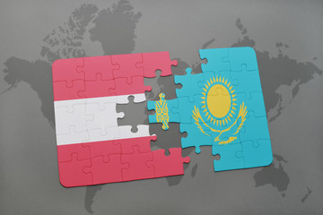 puzzle with the national flag of austria and kazakhstan on a world map background.