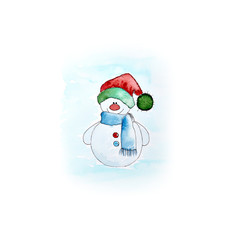 Watercolor Snowman with a Bobble Hat (hand drawn)


