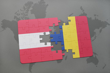 puzzle with the national flag of austria and romania on a world map background.