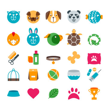 Vector pet shop, zoo or veterinary flat icons set. Color illustration of cat, dog, bird, snake, fish, rabbit, turtle. Goods for animals, Design concept for pets care and grooming.
