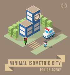 Set of Isolated Isometric Minimal City Elements. Police Department Scene with Shadows.