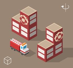 Set of Isolated Isometric Minimal City Elements. Fire Station with Shadows.