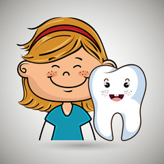 smilling blonde girl with a smiling tooth on her side