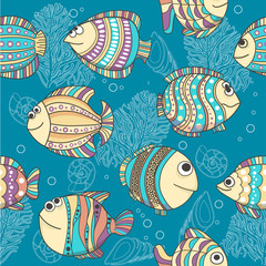 Illustration of cute different fishes .  Seamlessly pattern