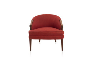 Photograph of a friendly, comfortable looking red upholstered chair isolated against a white background.