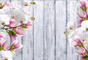 Magnolia with orchid on background of shabby wooden planks