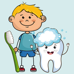 smiling cartoon child with toothbrush and big cartoon tooth, den