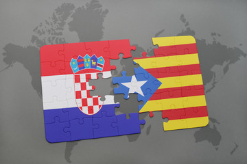 puzzle with the national flag of croatia and catalonia on a world map background.