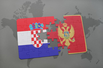 puzzle with the national flag of croatia and montenegro on a world map background.