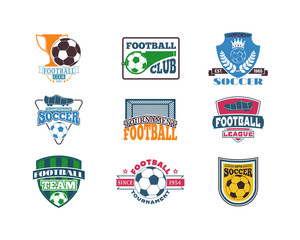 Obraz premium Set of soccer football badge logo design templates. Sport team identity football logo vector isolated on white background. Collection of soccer themed football logo graphics emblem game icon.