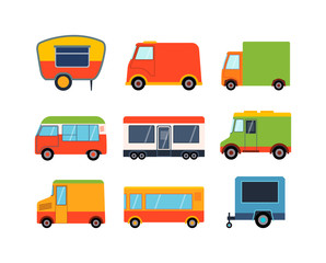 Street food festival color trailers labels set, van restaurant. Cafe urban food truck trailers, mobile market, event and transport. Vector illustration food truck trailers, fast delivery service.