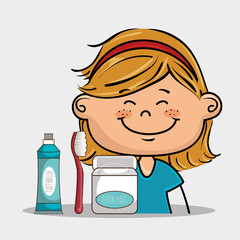 smiling cartoon girl with dental care implements vector illustra