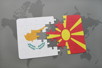 puzzle with the national flag of cyprus and macedonia on a world map background.