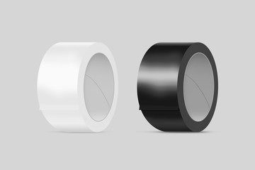 Blank white and black duct adhesive tape mockup, clipping path, 3d illustration. Sticky scotch roll design mock up. Clear glue tape template. Packing insulating tape display.