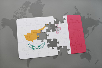 puzzle with the national flag of cyprus and malta on a world map background.
