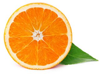 Perfectly retouched sliced half of orange with leaf isolated on the white background with clipping path