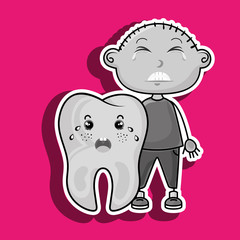 Naklejka premium crying cartoon of a boy and a tooth with a toothache