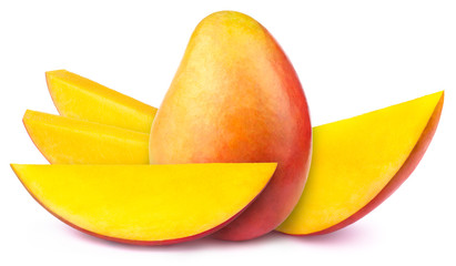 Fototapeta na wymiar Mango with four slices isolated on white background, with clipping path