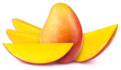Mango with four slices isolated on white background, with clipping path