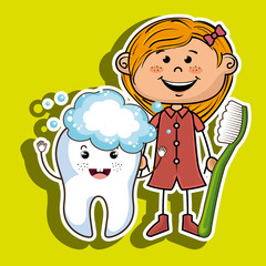 happy girl with a toothbrush and a smiling tooth